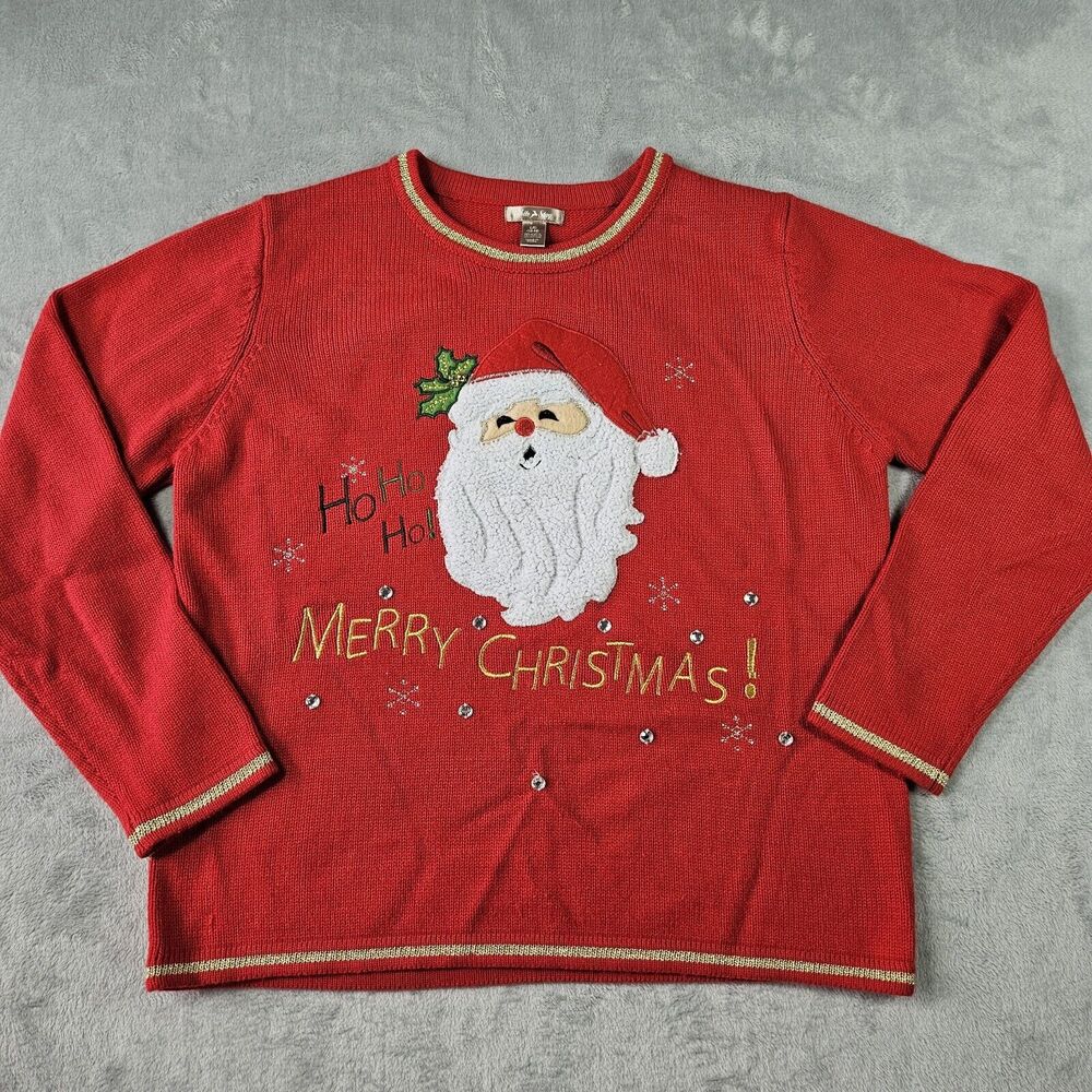 White Stag Christmas Sweater Santa Textured Beard‎ Women's Large Red Grannycore